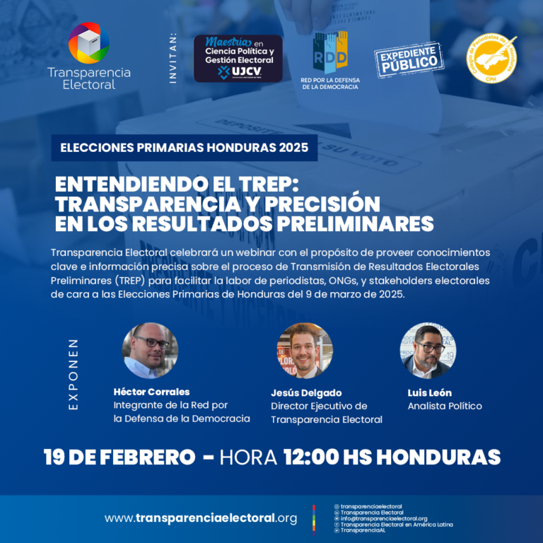 Transparencia Electoral celebrará el próximo 19 de febrero el webinar «Entendiendo el TREP: Transparencia y Precisión en los Resultados Preliminares en Honduras», con el objetivo de proveer conocimientos clave e información precisa sobre el proceso de Transmisión de Resultados Electorales Preliminares (TREP) de las Elecciones Primarias del 9 de marzo de 2025. Público objetivo Periodistas, representantes de ONGs, observadores electorales, y otros stakeholders clave en el ámbito electoral. Temas a abordar Del conteo de votos a la publicación de las actas Contenido: Explicación de las fases del proceso para la obtención de resultados preliminares Experto: Hector Corrales. Integrante de la Red de Defensa de la Democracia de Honduras El factor humano detrás del procesamiento de resultados Contenido: Descripción de las tareas clave realizadas por los miembros de las Juntas Receptoras de Votos (JRV), operadores y otros actores Experto: Luis León. Analista político Verdades y mitos sobre el TREP Contenido: Análisis de los mitos más comunes y la información real sobre el sistema TREP. Racional: Mitigar campañas de desinformación frecuentes durante los procesos electorales, combatiendo información falsa con datos verificables. Experto: Jesús Delgado. Director Ejecutivo de Transparencia Electoral Fecha: 19 de febrero Hora: 12:00 hs Honduras